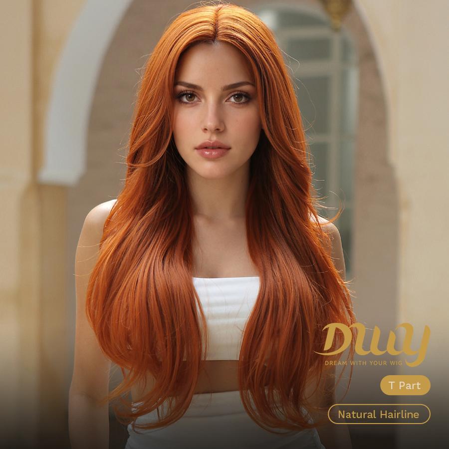 [Festival Limited] Sadie-DWY Ginger Copper Long Wave with Face Layers Glueless Synthetic Wig for Women 26 Inches