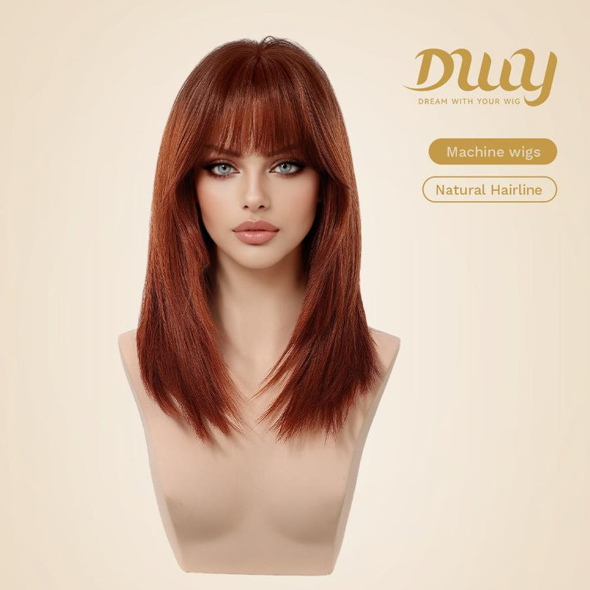 [Festival Limited]Ariel-DWY Mid-length Copper Ginger Butterfly Lob with Bangs Glueless Synthetic Wig for Women 16 Inches