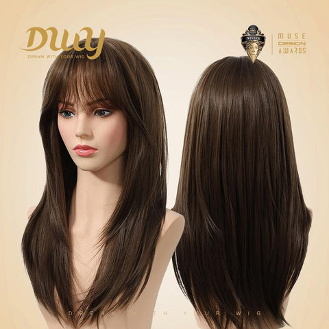 Orange- 24-Inch Long-Length Straight Layer-Cuts Wig with Bangs - Glueless Synthetic Wig
