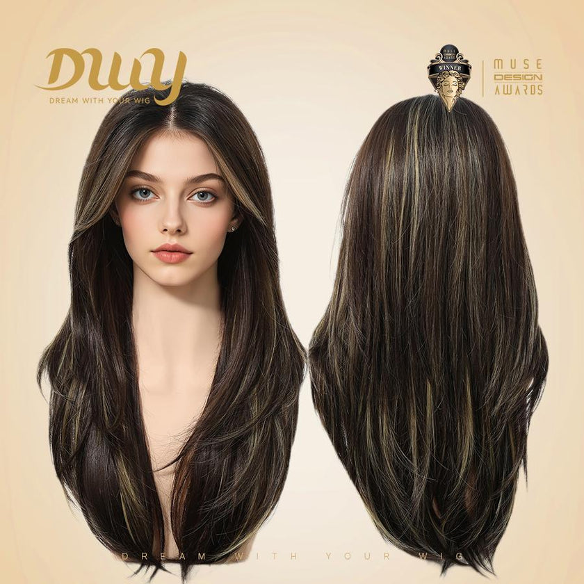 Amaris C-New! DWY 13×4 Lace Front Free Part Long-Length Straight Brown with Blonde Highlights Beautiful Layer Glueless Synthetic Wig for Women 24 Inches