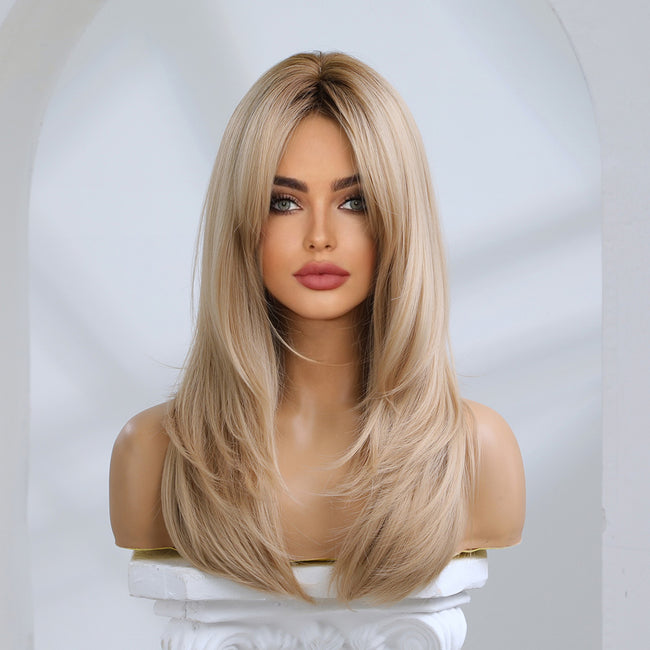Mabel-DWY Rooted Dirty Blonde Long Straight Synthetic Wig With Side Bangs