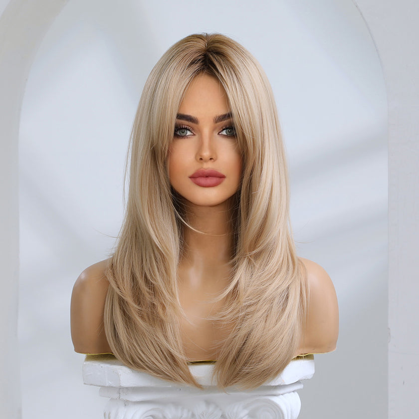 Mabel-DWY Rooted Dirty Blonde Long Straight Synthetic Wig With Side Bangs