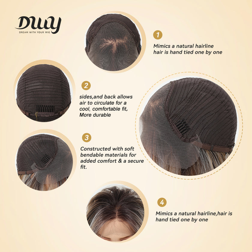 Esther C-DWY 13x4 Filter Lace Front Free Part Mid-Length Layer-cut Brown with Highlights Glueless Synthetic Wig