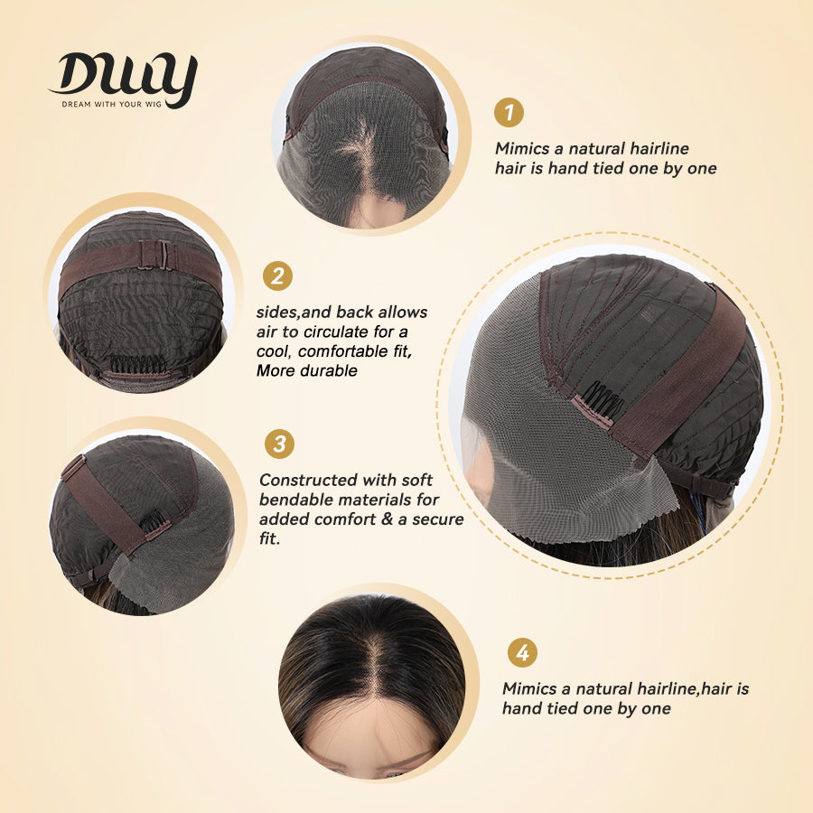Amaris C-New! DWY 13×4 Lace Front Free Part Long-Length Straight Brown with Blonde Highlights Beautiful Layer Glueless Synthetic Wig for Women 24 Inches