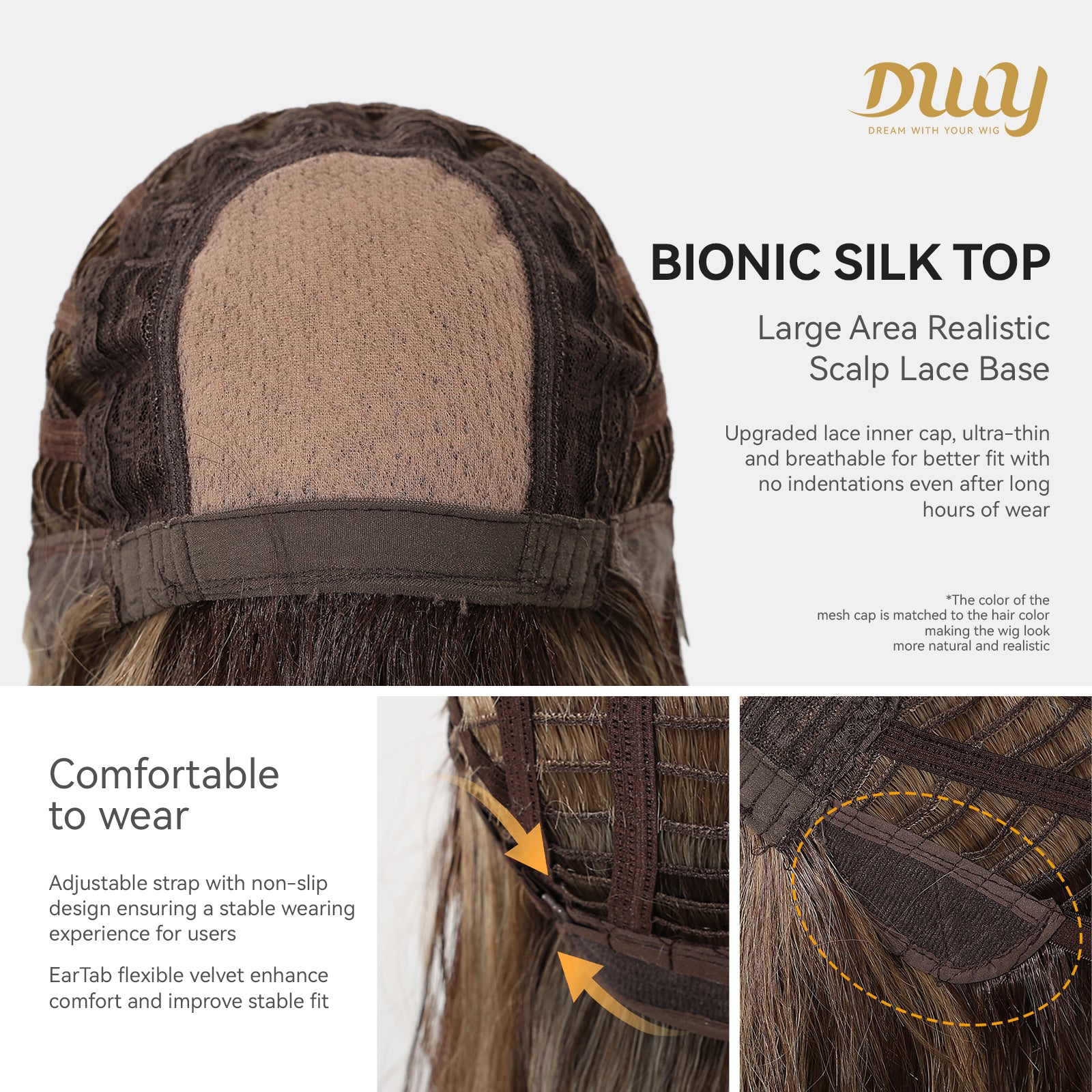 Riley- New! DWY Bionic Silk Top 26-Inch Long Body Wave Layer-cut Brown Balayage Glueless Synthetic Wig with Bangs for Women High-Quality Premium Fiber Easy Wear Comfortable Fit Summer Look