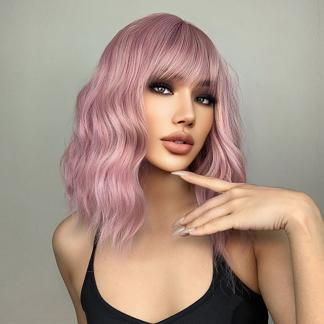 Us Only) DWY WIGS 14 Inch Short Pink Wavy Curly Wig with Bang