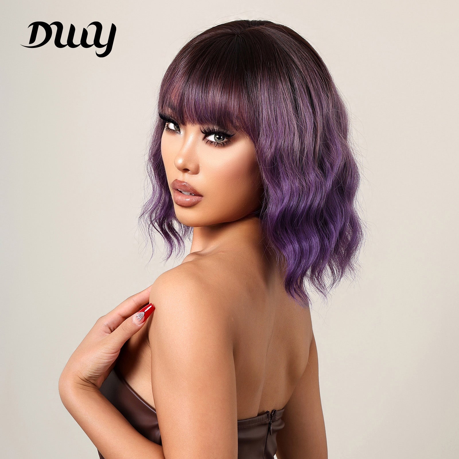 Amelia-DWY Ombre Purple Curly Wig With Bangs