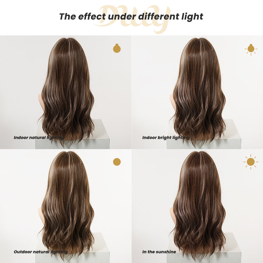 A four-panel comparison image demonstrating the back view of a long, wavy brown DWY wig with highlights under different lighting conditions: indoor natural, indoor bright, outdoor natural, and direct sunshine. Descriptive text accompanies each quadrant, and the overall title is 'The effect under different light'.