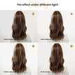A four-panel comparison image demonstrating the back view of a long, wavy brown DWY wig with highlights under different lighting conditions: indoor natural, indoor bright, outdoor natural, and direct sunshine. Descriptive text accompanies each quadrant, and the overall title is 'The effect under different light'.