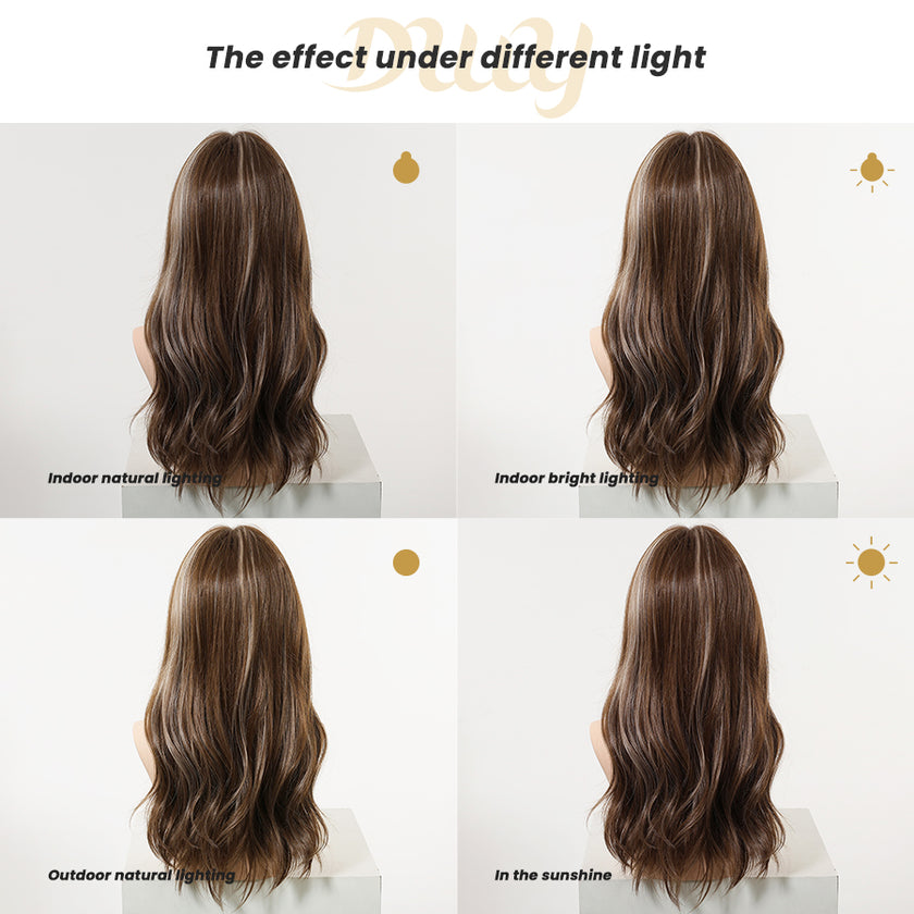 A four-panel comparison image demonstrating the back view of a long, wavy brown DWY wig with highlights under different lighting conditions: indoor natural, indoor bright, outdoor natural, and direct sunshine. Descriptive text accompanies each quadrant, and the overall title is 'The effect under different light'.