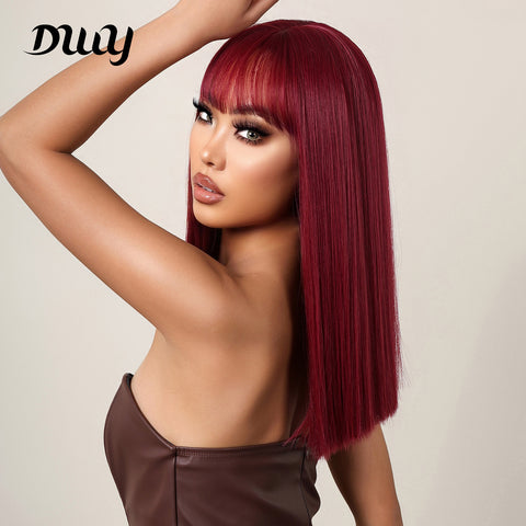18 Inch Long Straight Wine Red Wigs with Bangs Wigs for Women LC2072-1