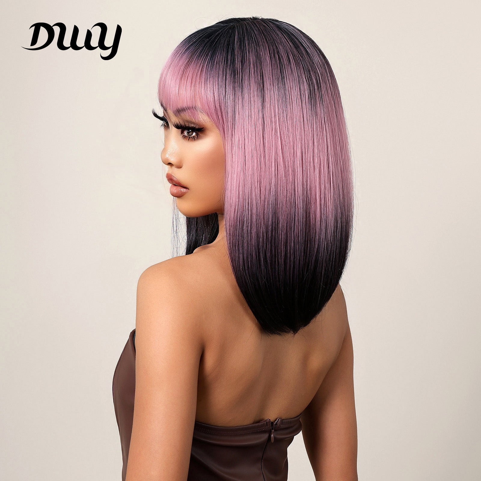 16 Inches Long Straight Pink Gradient Black Wigs with Bangs Synthetic Wigs Women's Wigs for Daily Use Party or Cosplay Taking Photos WL1121-1