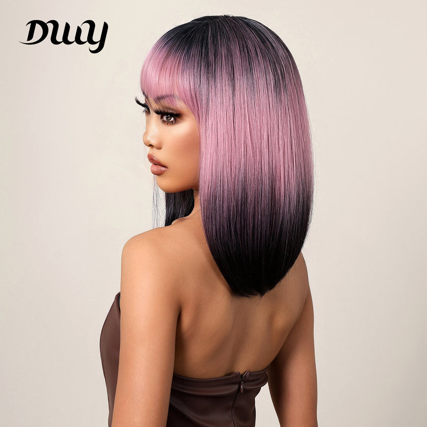 16 Inches Long Straight Pink Gradient Black Wigs with Bangs Synthetic Wigs Women's Wigs for Daily Use Party or Cosplay Taking Photos WL1121-1