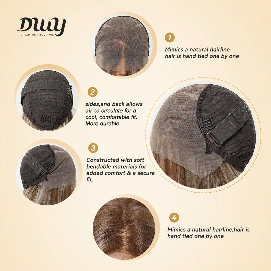 Ethel-DWY 13x6 Filter Lace Front Free Part Long Length Straight Brown with Highlights Glueless Synthetic Wig