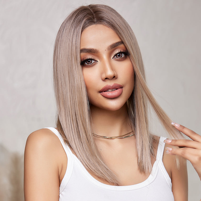DWY Lace front 16 Inch light pink brown short straight wig