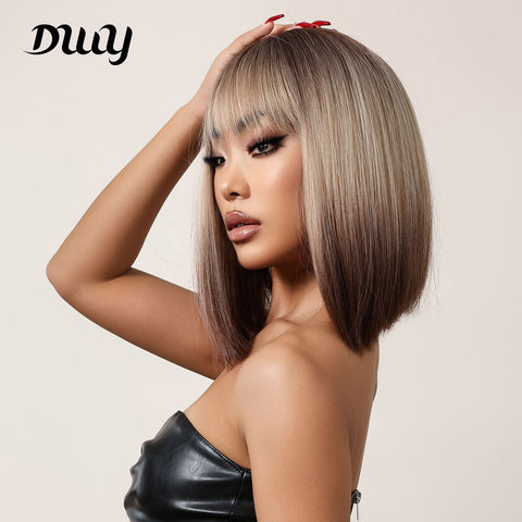 DWYWIGS Short Obmre Gray Brown Straight Wig Natural Fanshion DWY-LC2067-1