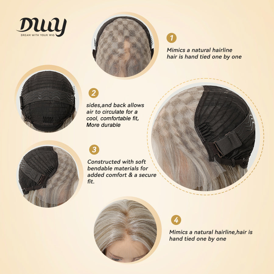 Ethel-DWY 13x6 Filter Lace Front Free Part Long Length Straight Brown with Highlights Glueless Synthetic Wig