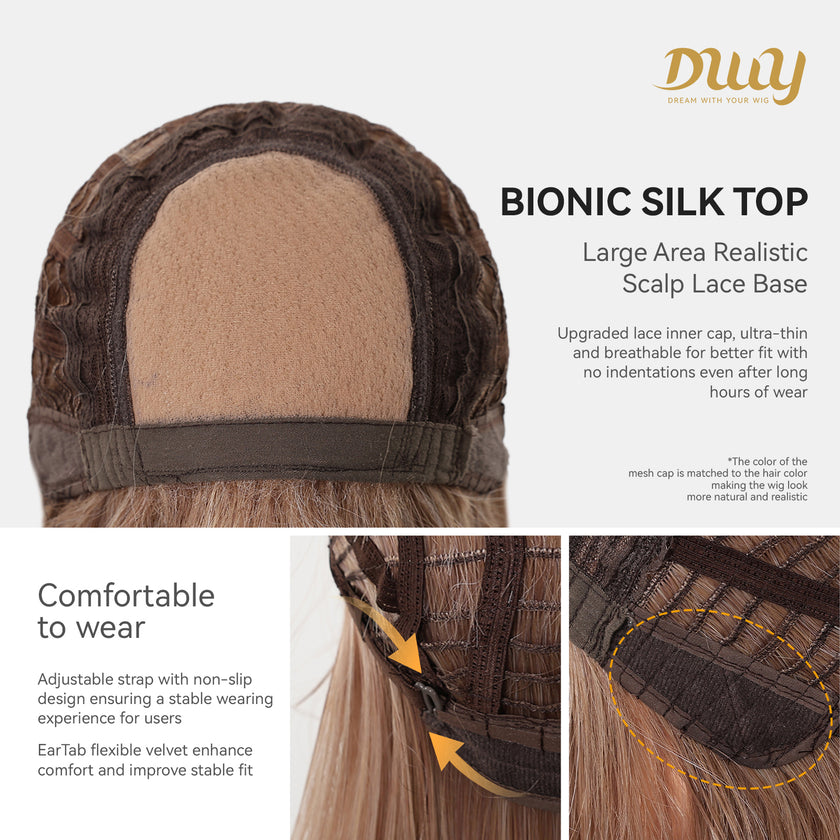 Liza PLUS- New! DWY Bionic Silk Top 26-Inch Long Vintage Y2K Layer-cut Pink Blonde Glueless Synthetic Wig with Bangs for Women High-Quality Premium Fiber Easy Wear Comfortable Fit Summer Look