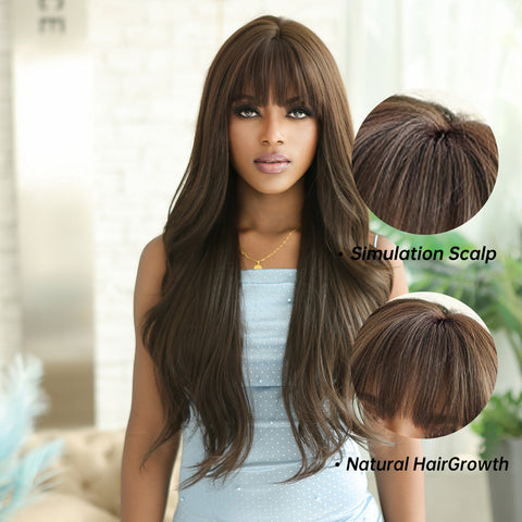 28 Inches Long Curly Brown Wigs with Bangs Synthetic Wigs for Women Daily Use Party or Cosplay Taking Photos LC2094-3