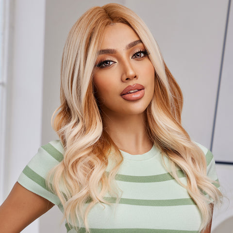 Chloe-DWY Lace front T-Part Long Rooted Blonde Curly Synthetic Wig