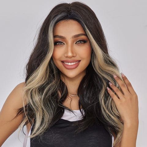 DWY Lace front 26 Inch black with white golden highlight long curly wig DWY-WMDZ038-1