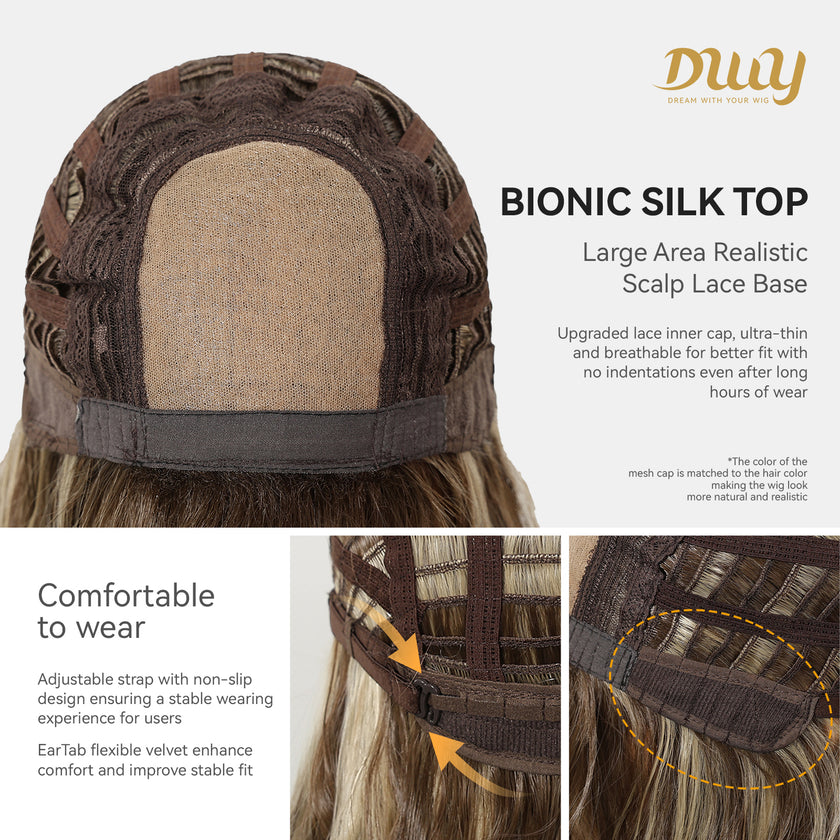 Haley C-DWY New Technology! Bionic Silk Top 16-Inch Long Wave Light Tea Brown Glueless Synthetic Wig