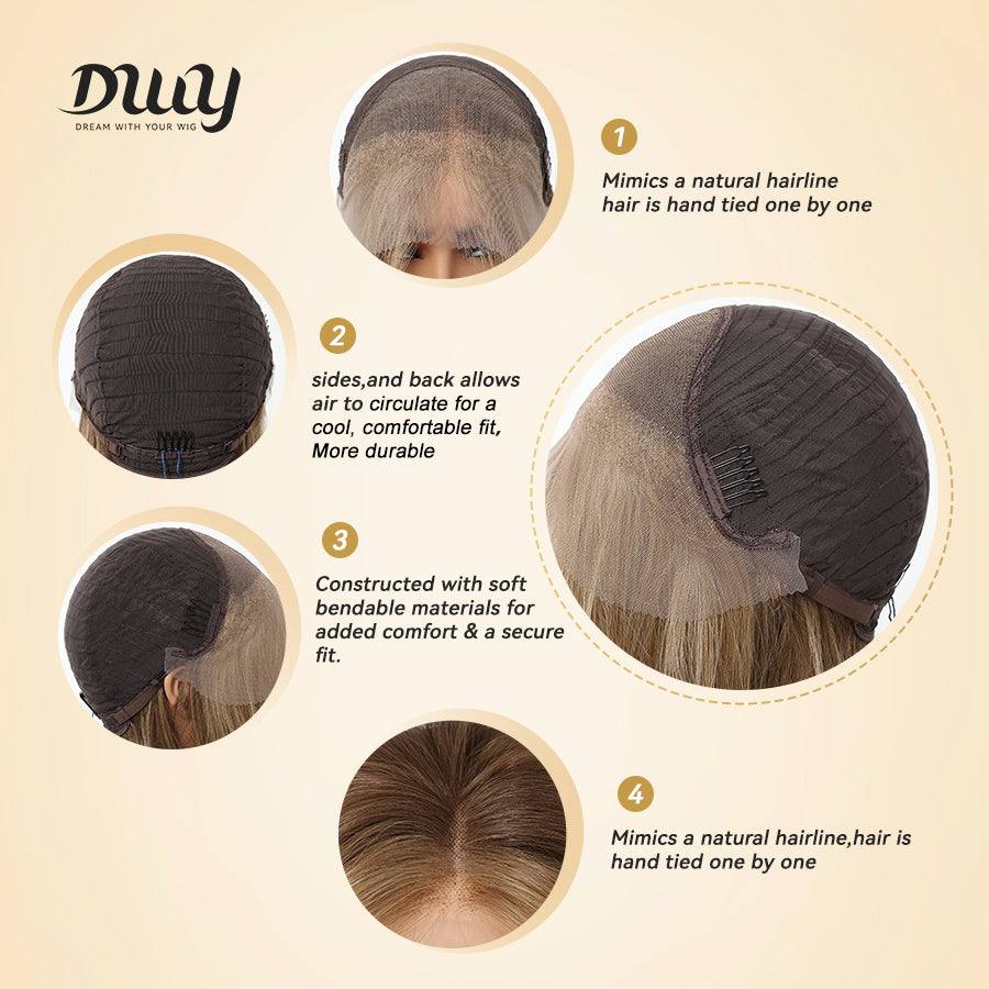 Morita-DWY Lace Front 13*4 Free Part Mid-Length Straight Brown with Highlights Glueless Synthetic Wig for Women 16 Inches
