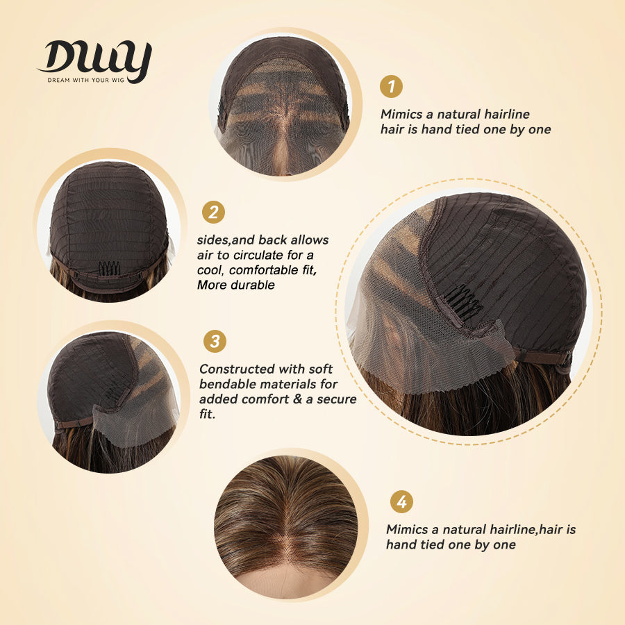 Fable-DWY 13×4 Lace Front Free Part Mid-Length Layer-cut Straight Brown with Highlights Glueless Synthetic Wig for Women 18 Inches