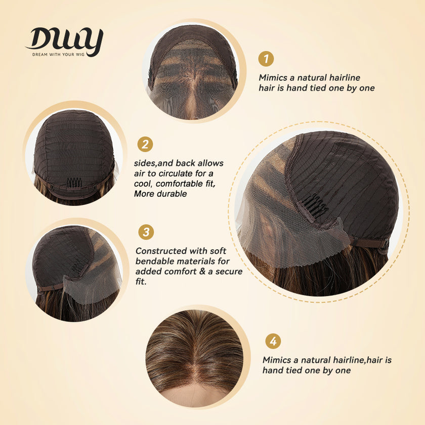 Fable-DWY 13×4 Lace Front Free Part Mid-Length Layer-cut Straight Brown with Highlights Glueless Synthetic Wig for Women 18 Inches