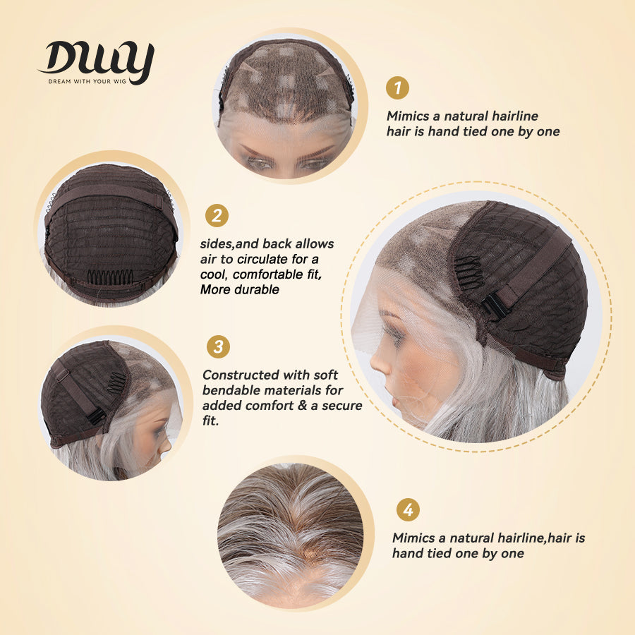 Ivy C- DWY 13×6 Lace Front Free Part Long-Length Wavy Ash Blonde Highlighted Glueless Synthetic Wig for Women 22 Inches