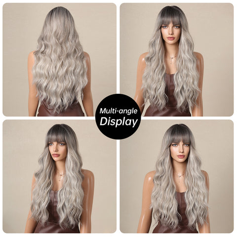 [Adr] DWY Long Wavy Wigs for Women Black Gradient Gray Wig 26 Inch Long Curly Ombre Wigs with Bangs and Dark Roots Synthetic Heat Resistant Fiber Wigs for Daily Party LC1111-3