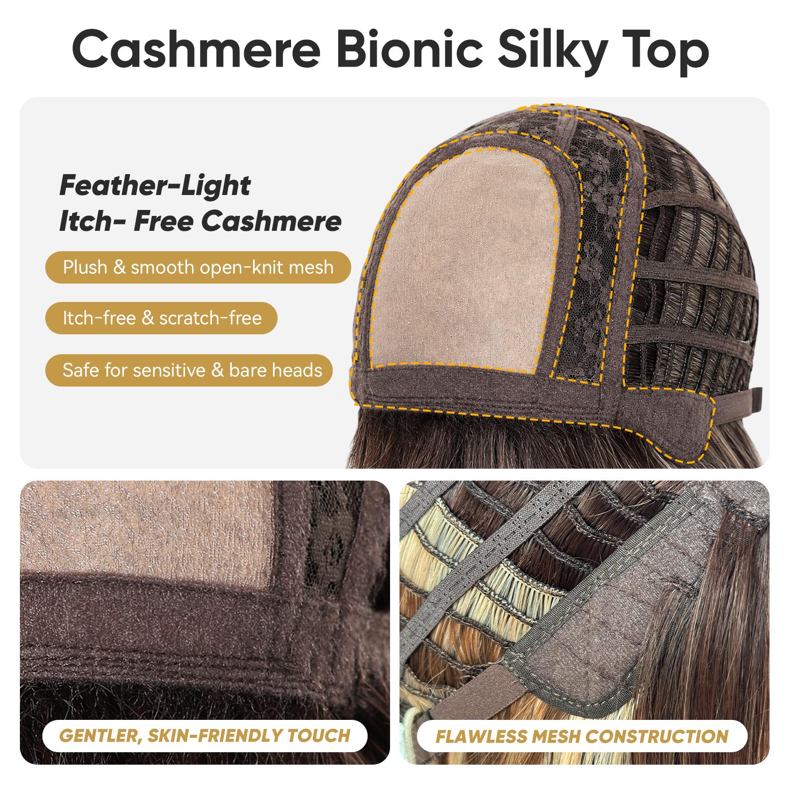 A multi-panel product image detailing the construction of a DWY wig cap. The top panel shows the interior 'Cashmere Bionic Silky Top' with highlighted features. Bottom panels provide close-ups of the skin-friendly material and the open-knit mesh construction, all against a white background with descriptive text.
