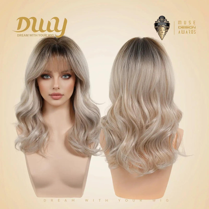 Gwen NEW CRAFT! [GEN4 cashmere Bionic Silky Top] 18 Inch Long Feathered Layerst Blonde With Dark Roots Glueless Synthetic Wig with Bangs for Women High Quality soft texture Easy Wear Comfortable Fit