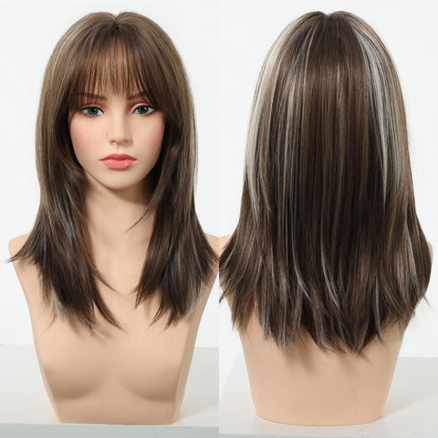 【New in】Zinnia - 16-Inch Tea Brown Mid-Length Layered Straight Wig with Bangs - Glueless Synthetic Hair