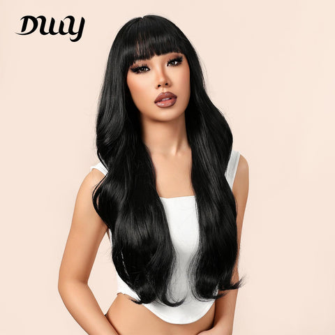 [Adr] DWY 30 Inches Long Curly Black Wigs with Bangs Synthetic Wigs Women's Wigs for Daily or Cosplay Use WL1113-2