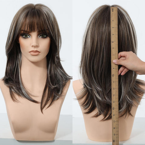 【New in】Ember- 18-Inch MiraScalp Mid-Length Straight Grey Black Wig with Highlights and Bangs