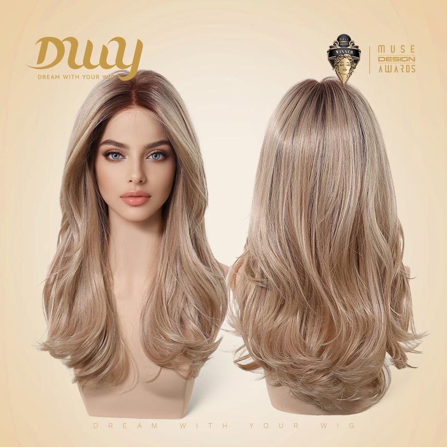 Evelyn -DWY Mono Lace Front Free Part Long-Length Wavy Pink Blonde Rooted Glueless Synthetic Wig for Women 20 Inches