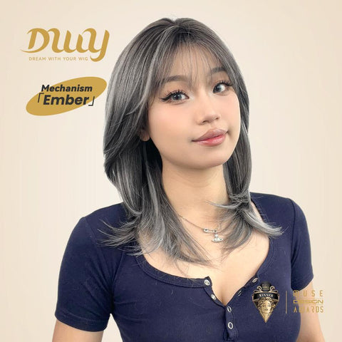 【New in】Ember- 18-Inch MiraScalp Mid-Length Straight Grey Black Wig with Highlights and Bangs