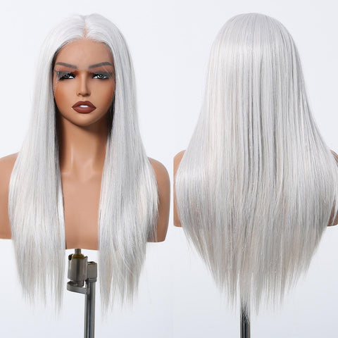 【LIMITED DEAL】DWY Lace Front Middle Part Long-Length Straight White Glueless Synthetic Wig for Women 20 Inches