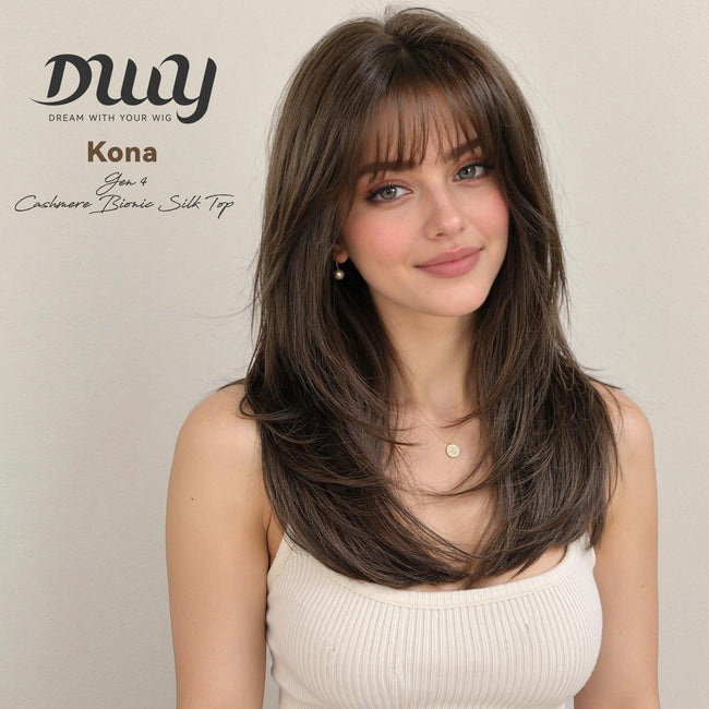 Kona NEW CRAFT! [GEN4 cashmere Bionic Silky Top] 20 Inch Long Dark Espresso Brown Glueless Synthetic Wig with Bangs for Women High Quality soft texture Easy Wear Comfortable Fit
