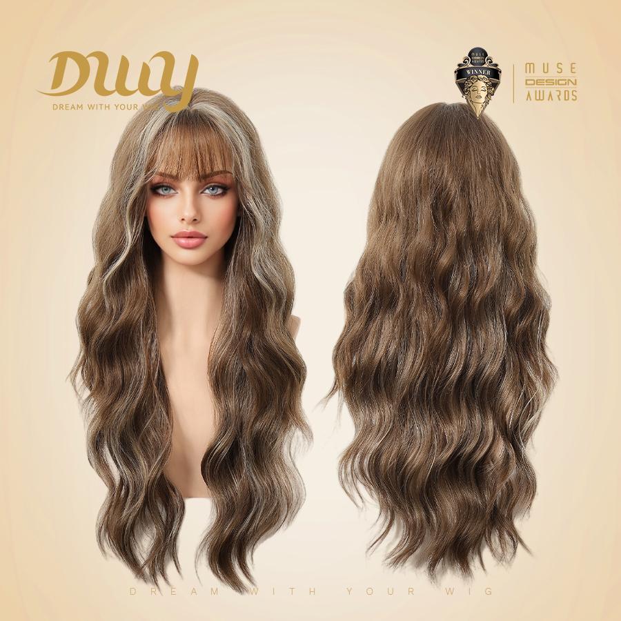 Britti -DWY Long-length Wavy Linen Brown Glueless Synthetic Wig for Women 28 Inches Platinum Blonde Wigs