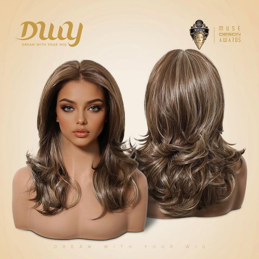 Myra-DWY 13×3  Lace Front Free Part Mid-Length Brown wtih Highlights Glueless Synthetic Wig