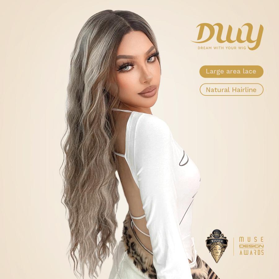Bess-DWY 28-Inch Filter Lace Long Water Wavy Brown Wig with Highlights