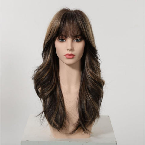 Kimi C-DWY New Technology! Bionic Silk Top 22-Inch Long Wave Light Brown Glueless Synthetic Wig with Bangs for Women High-Quality Premium Fiber Easy Wear Comfortable Fit