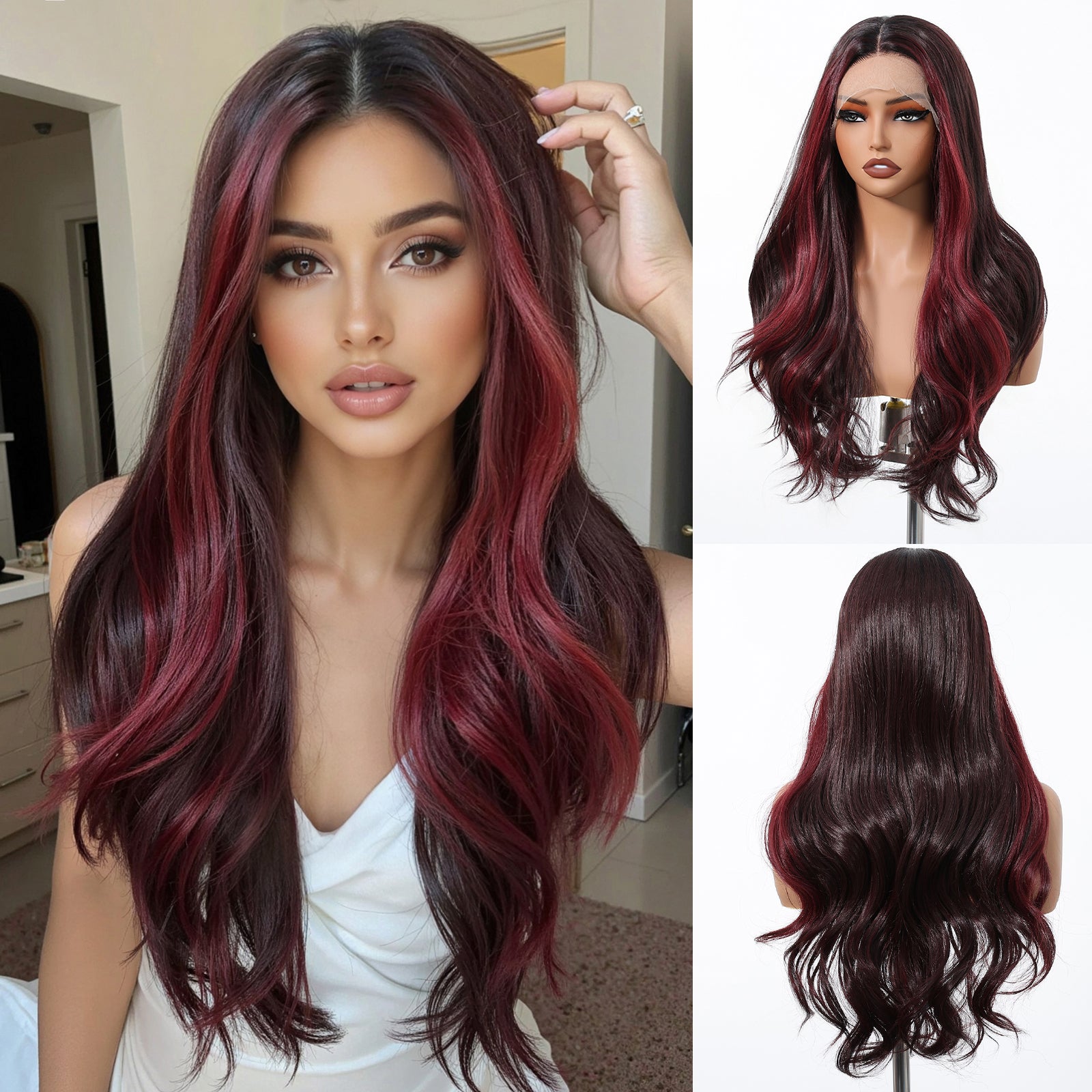 DWY Long Dark Red Lace Front Mixed Burgundy Natural Black Wave Hand Tied Middle Part Natural Synthetic Wig