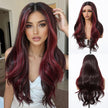 DWY Long Dark Red Lace Front Mixed Burgundy Natural Black Wave Hand Tied Middle Part Natural Synthetic Wig