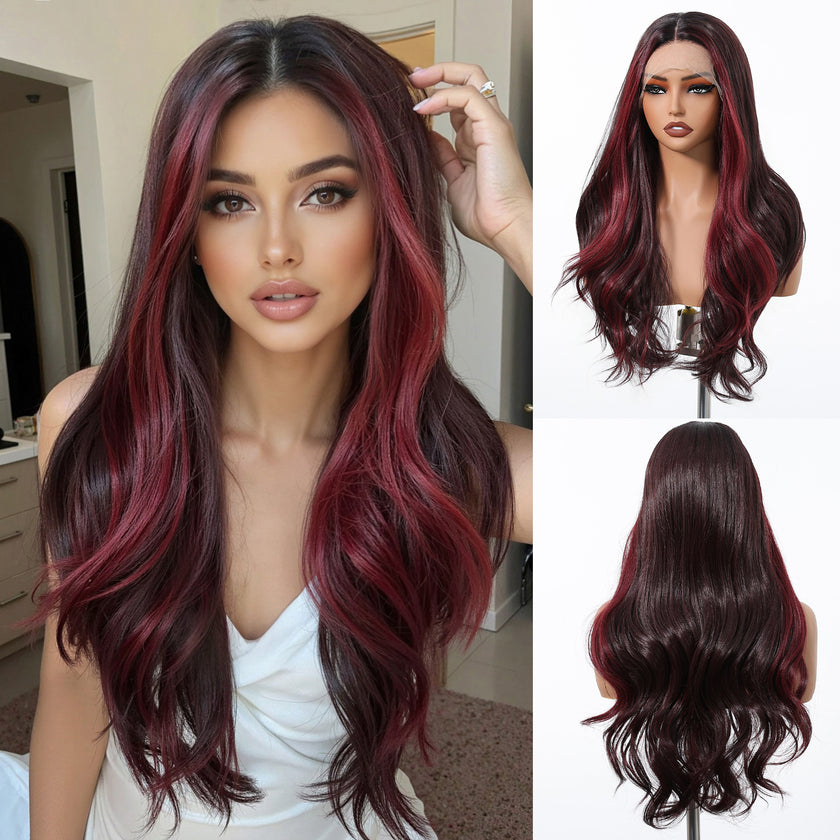 DWY Long Dark Red Lace Front Mixed Burgundy Natural Black Wave Hand Tied Middle Part Natural Synthetic Wig