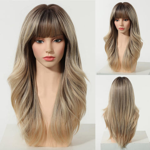 Kimi C-DWY New Technology! Bionic Silk Top 22-Inch Long Wave Light Brown Glueless Synthetic Wig with Bangs for Women High-Quality Premium Fiber Easy Wear Comfortable Fit