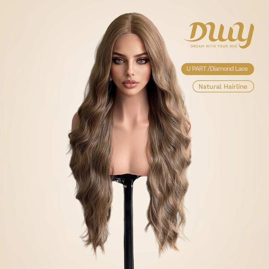 Cara - NEW! DWY Pre-cut U part Diamond Lace Mid-length Lace Linen Brown Retro Curly Hair Glueless Synthetic Wigs for Women 28 Inch