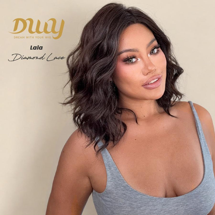 Lala NEW! DWY Pre cut U part Diamond Lace Short length Natural Black Water Wave Hair Glueless Synthetic Wigs for Women 14 Inches